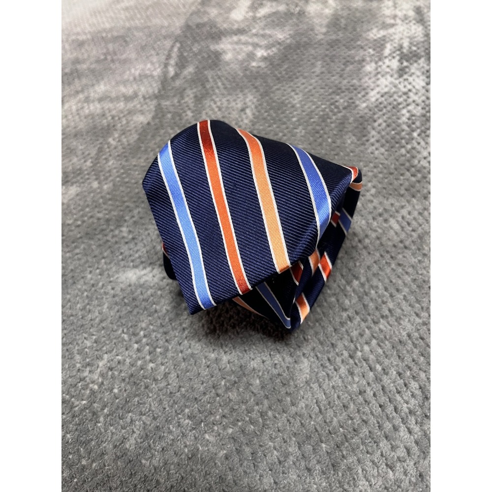 Chaps Mens Silk Necktie Navy Blue Orange Light Blue Striped Formal Business Tie